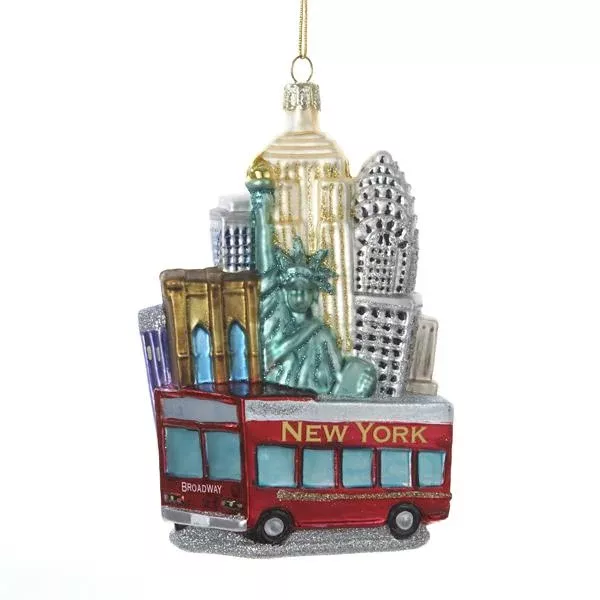 New York 3-D Red Tour Bus with Liberty Glass Ornament, C4170