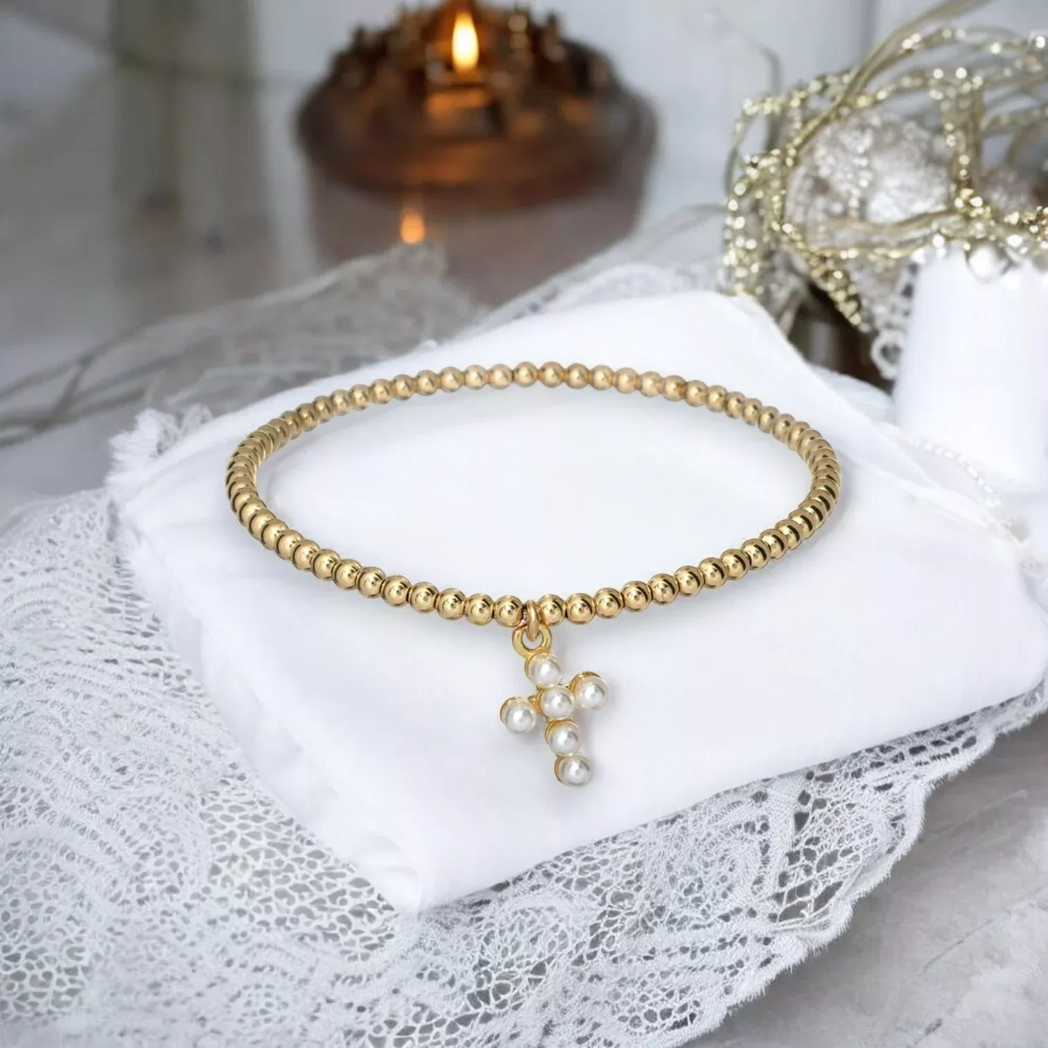 rachel-pearl-cross-ball-bead-stretchy-bracelet "RACHEL" Pearl Cross Ball Bead Stretchy Bracelet