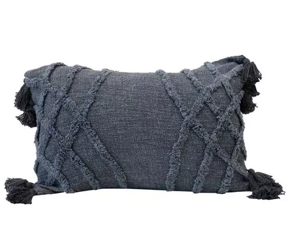 Stonewashed Cotton Blend Slub Pillow w/ Tufted Pattern & Tassels