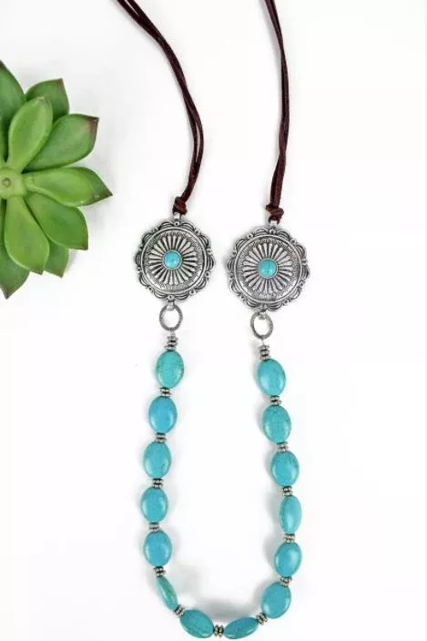 turquoise-beaded-double-concho-cord-necklace Turquoise Beaded Double Concho Cord Necklace